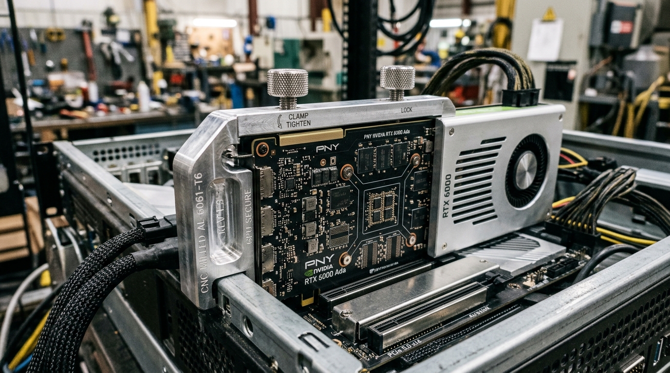 工业工控机内部显卡防震压条与 CNC 加固支架特写